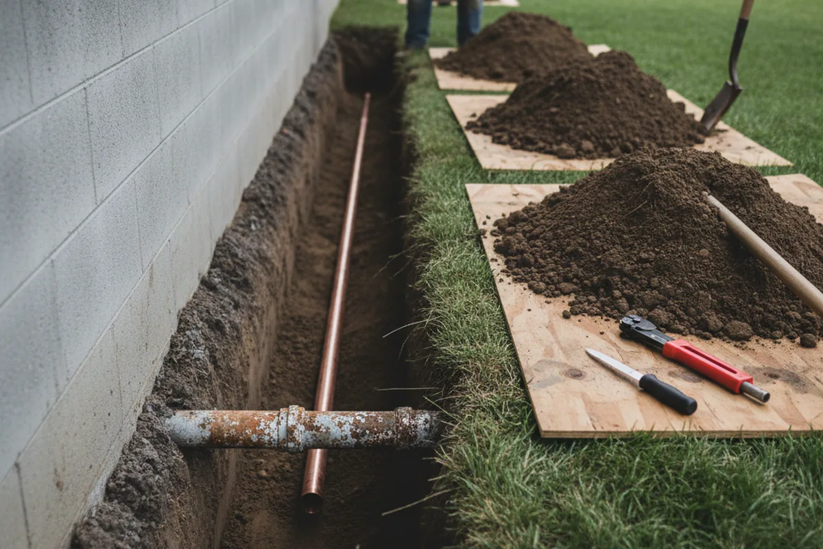 Excavated water line trench during Water Softener Installation in Poynette